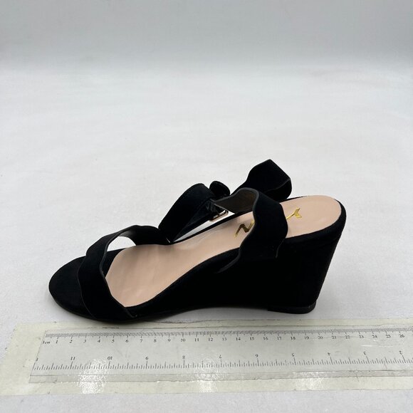 YDN Black Open Toe Ankle Strap Sandals Ruffle Band Wedge Heel Date Evening Shoes - Picture 2 of 8